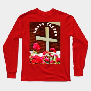 Happy Easter Cross and Red Flowers Long Sleeve T-Shirt